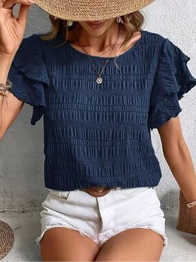 Women's Navy Ruffle Sleeve Smocked Top